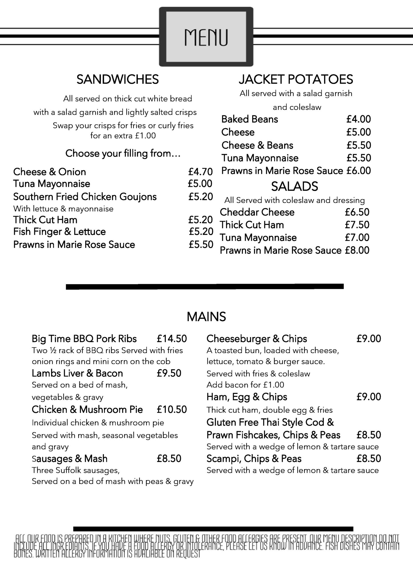 Menus - Kings Arms Bury St Edmunds